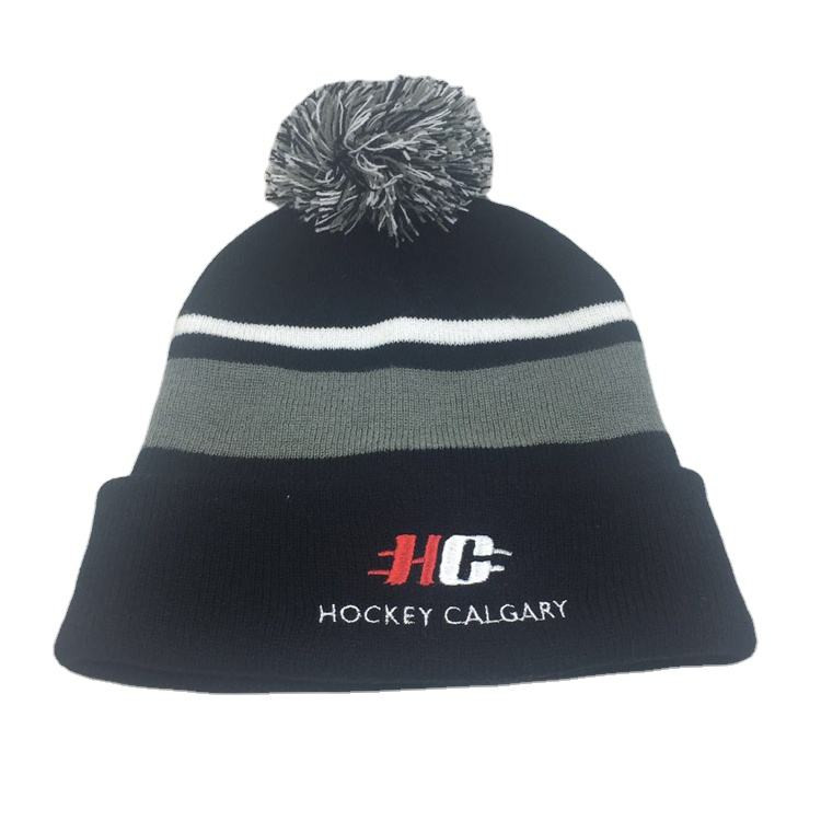 wholesale custom OEM own embroidery logo 100% acrylic pom pom Knitted Beanie Hat cap