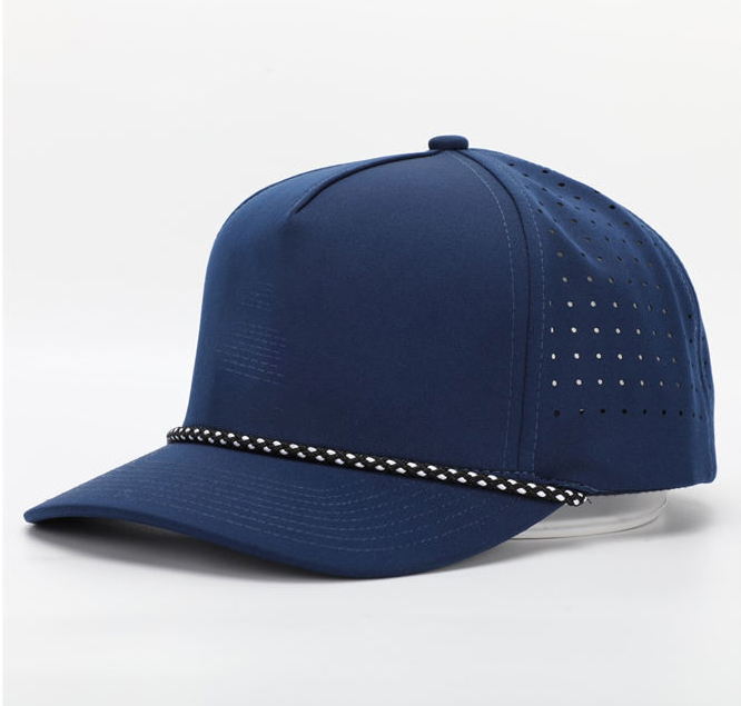 Custom 5 Panel Rubber Pvc Logo Cord Baseball Cap, Waterproof Laser Cut Drilled Perforated Cap, Curved Brim Navy Blue Cap