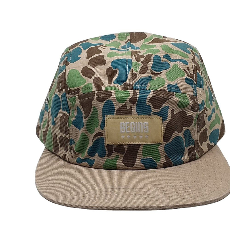 Popular product polyester camo fabric leather strap camp 5 panel hat caps hats neon trucker hat