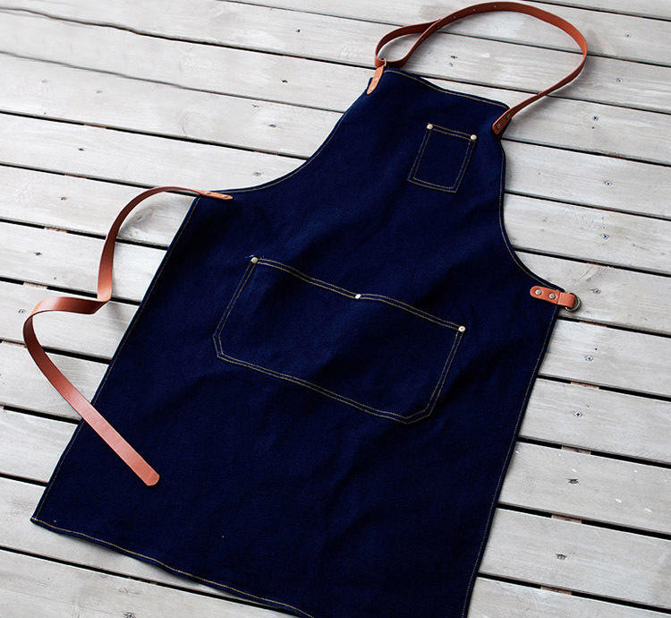 Cheap Wholesale Custom Denim Coffee Aprons with Leather Straps